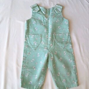 Handmade Kitten Floral Baby Toddler Overalls Sage Green Flowers Cottage Corduroy